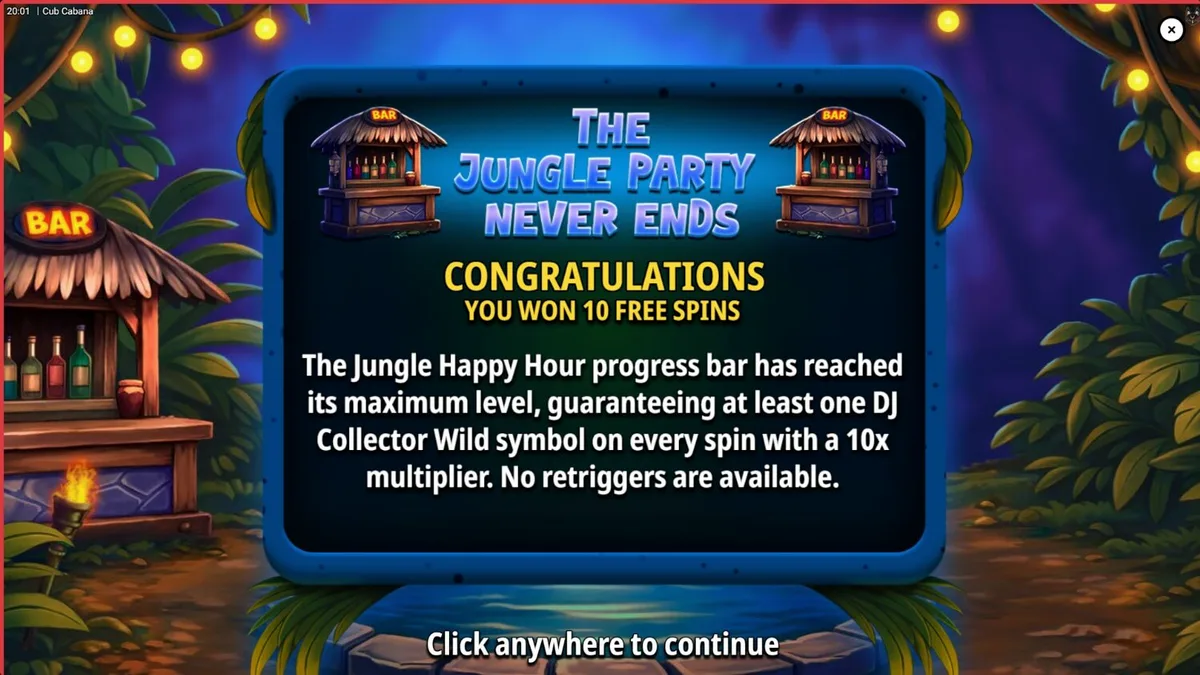 Isang makulay na tropikal na party theme sa Cub Cabana slot machine
