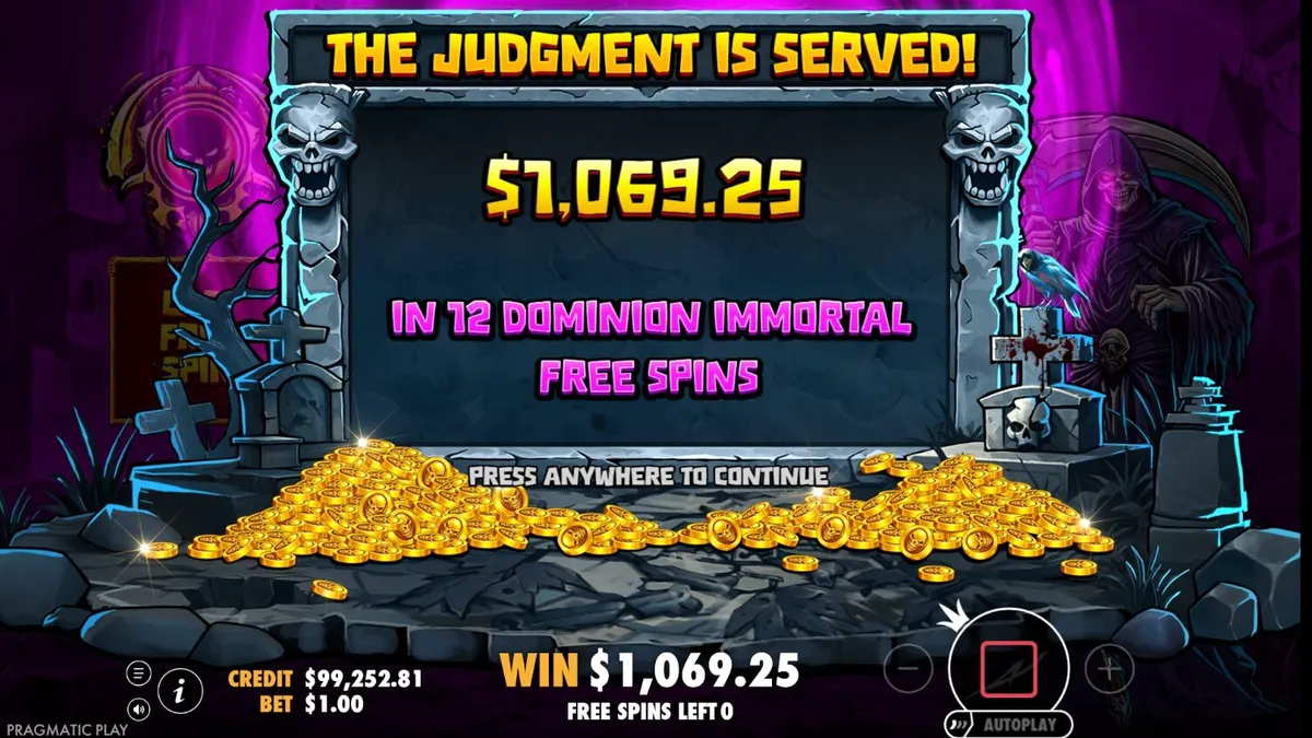 Death Dominion slot game interface na may gothic theme at Grim Reaper.